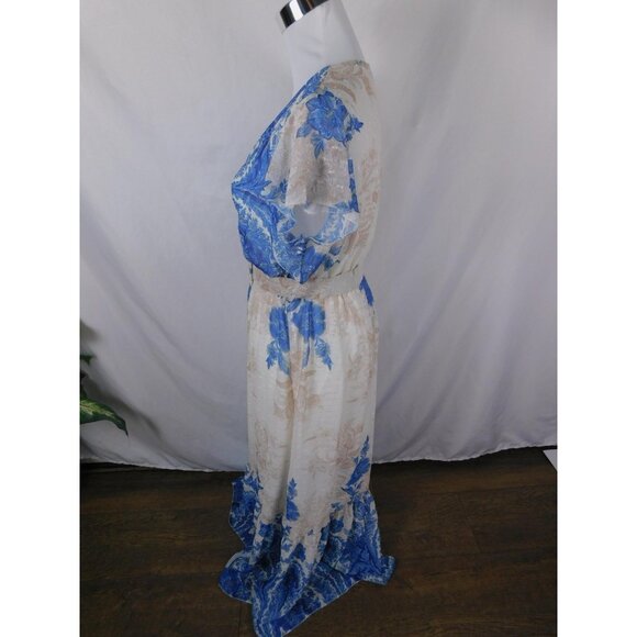 Flare Maxi Dress Womens Blue White Floral Belted Wrap V-Neck Made in Italy - Picture 5 of 12